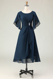 Sparkly Navy A Line Beaded Midi Mother of the Bride Dress with Sleeves