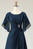 Sparkly Navy A Line Beaded Midi Mother of the Bride Dress with Sleeves