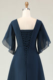 Sparkly Navy A Line Beaded Midi Mother of the Bride Dress with Sleeves