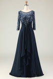 Navy Appliqued Ruffled Round Neck Long Mother of the Bride Dress