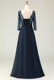 Navy Appliqued Ruffled Round Neck Long Mother of the Bride Dress