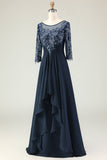 Navy Appliqued Ruffled Round Neck Long Mother of the Bride Dress