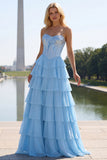 Sparkly Blue Sequin Ruffled Tiered Long Corset Prom Dress with Bow