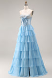 Sparkly Blue Sequin Ruffled Tiered Long Corset Prom Dress with Bow