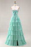 Sparkly Blue Sequin Ruffled Tiered Long Corset Prom Dress with Bow