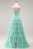 Sparkly Blue Sequin Ruffled Tiered Long Corset Prom Dress with Bow