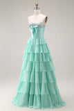 Sparkly Blue Sequin Ruffled Tiered Long Corset Prom Dress with Bow