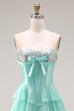 Sparkly Blue Sequin Ruffled Tiered Long Corset Prom Dress with Bow