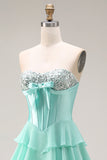 Sparkly Blue Sequin Ruffled Tiered Long Corset Prom Dress with Bow