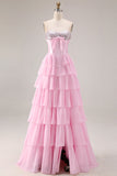 Sparkly Pink Tiered Sequin Ruffled A Line Long Corset Prom Dress with Bow