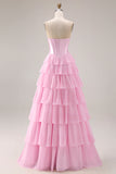 Sparkly Pink Tiered Sequin Ruffled A Line Long Corset Prom Dress with Bow