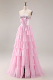 Sparkly Pink Tiered Sequin Ruffled A Line Long Corset Prom Dress with Bow