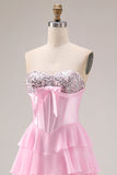 Sparkly Pink Tiered Sequin Ruffled A Line Long Corset Prom Dress with Bow
