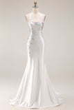 Sparkly Beaded White Mermaid Floral Maxi Wedding Reception Dress