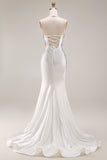 Sparkly Beaded White Mermaid Floral Maxi Wedding Reception Dress