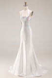 Sparkly Beaded White Mermaid Floral Maxi Wedding Reception Dress