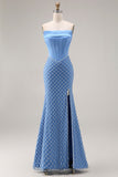 Blue Strapless Mermaid Long Corset Prom Dress with Slit