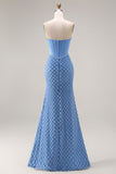 Blue Strapless Mermaid Long Corset Prom Dress with Slit