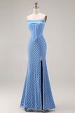 Blue Strapless Mermaid Long Corset Prom Dress with Slit