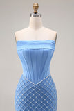 Blue Strapless Mermaid Long Corset Prom Dress with Slit
