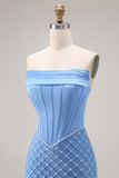 Blue Strapless Mermaid Long Corset Prom Dress with Slit