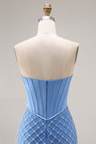 Blue Strapless Mermaid Long Corset Prom Dress with Slit
