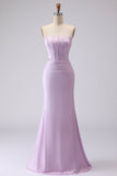 Lilac Mermaid Strapless Long Corset Bridesmaid Dress