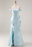 Light Blue Mermaid Long Ruffled Prom Dress with Slit