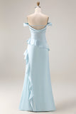 Light Blue Mermaid Long Ruffled Prom Dress with Slit