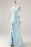 Light Blue Mermaid Long Ruffled Prom Dress with Slit