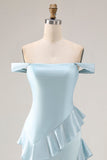 Light Blue Mermaid Long Ruffled Prom Dress with Slit
