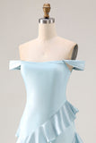 Light Blue Mermaid Long Ruffled Prom Dress with Slit