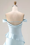 Light Blue Mermaid Long Ruffled Prom Dress with Slit