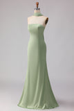 Dusty Sage Mermaid Satin Strapless Maxi Bridesmaid Dress