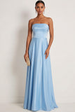 Steel Blue A Line Strapless Backless Maxi Bridesmaid Dress