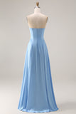 Steel Blue A Line Strapless Backless Maxi Bridesmaid Dress