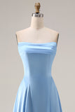 Steel Blue A Line Strapless Backless Maxi Bridesmaid Dress