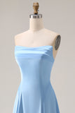 Steel Blue A Line Strapless Backless Maxi Bridesmaid Dress