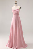 Dusty Rose A Line Draped Satin Maxi Bridesmaid Dress