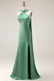 Eucalyptus Satin Halter Neck Mermaid Maxi Bridesmaid Dress with Slit