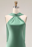 Eucalyptus Satin Halter Neck Mermaid Maxi Bridesmaid Dress with Slit