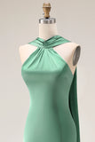 Eucalyptus Satin Halter Neck Mermaid Maxi Bridesmaid Dress with Slit