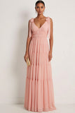 Blush A Line Spaghetti Straps Pleated Long Bridesmaid Dress with Bows