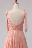 Blush A Line Spaghetti Straps Pleated Long Bridesmaid Dress with Bows