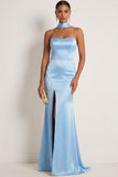 Steel Blue Mermaid Strapless Maxi Bridesmaid Dress with Slit