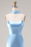 Steel Blue Mermaid Strapless Maxi Bridesmaid Dress with Slit