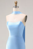 Steel Blue Mermaid Strapless Maxi Bridesmaid Dress with Slit