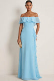 Chiffon A Line Sea Glass Chiffon Off the Shoulder Long Bridesmaid Dress
