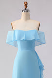 Chiffon A Line Sea Glass Chiffon Off the Shoulder Long Bridesmaid Dress