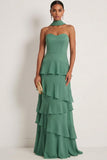 Eucalyptus A Line Sweetheart Ruffled Chiffon Maxi Bridesmaid Dress with Neck Scarf
